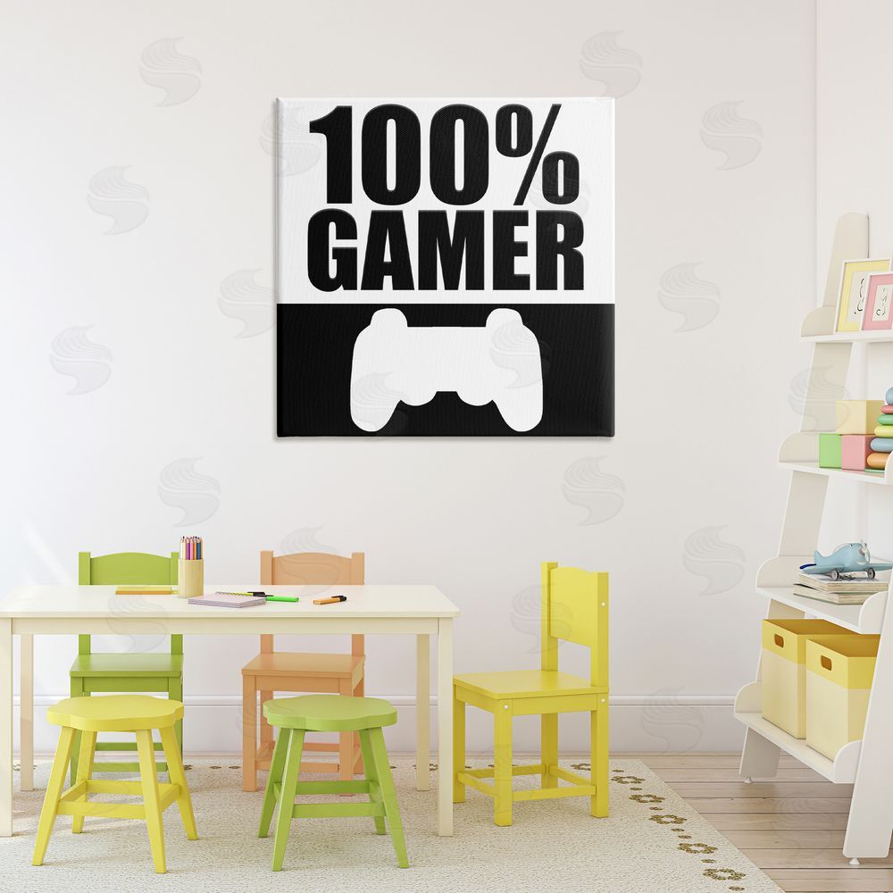 Kim Allen 100% Gamer Black & White Stretched Canvas Wall Art Print in Room