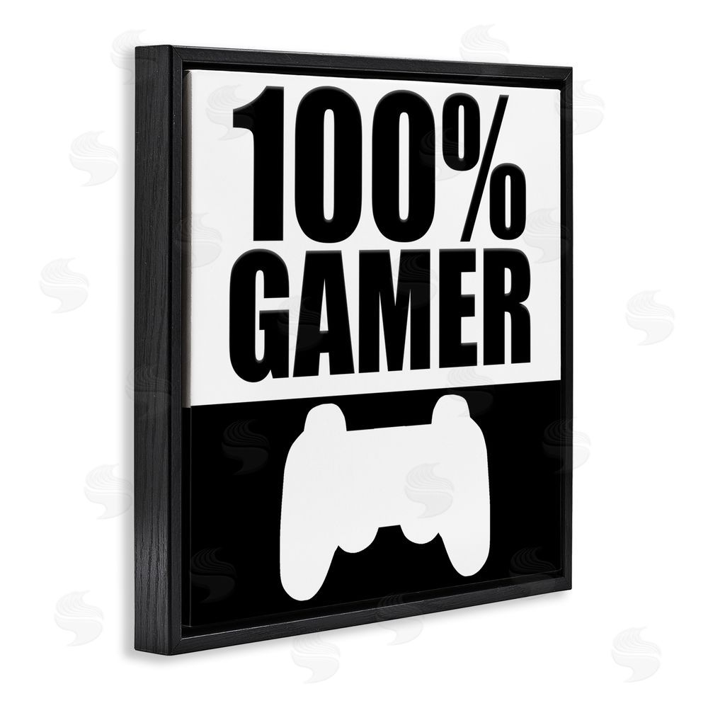 Kim Allen 100% Gamer Black & White Black Floating Frame Canvas Wall Art Print