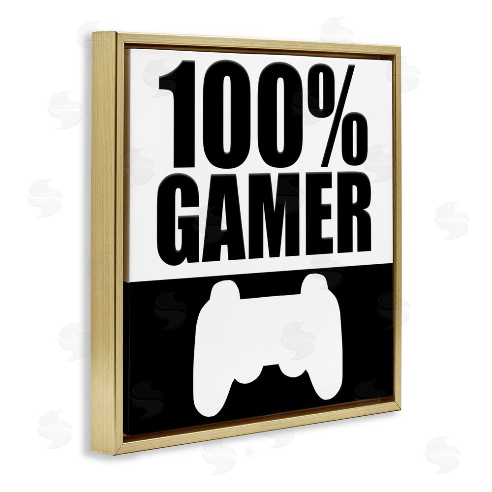 Kim Allen 100% Gamer Black & White Gold Floating Frame Canvas Wall Art Print