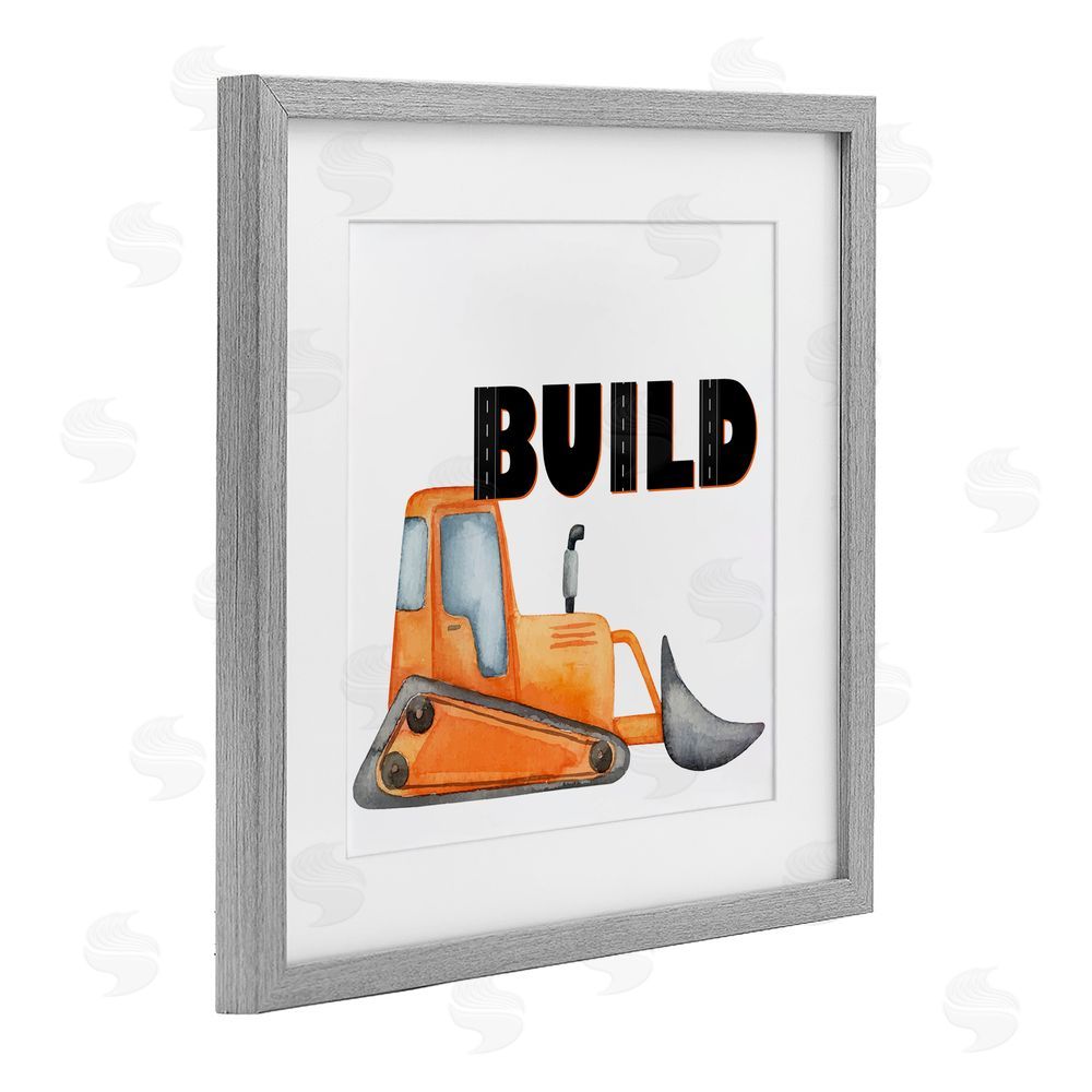 Kim Allen Build with Orange Bulldozer Gray Framed Print Under Glass Wall Art