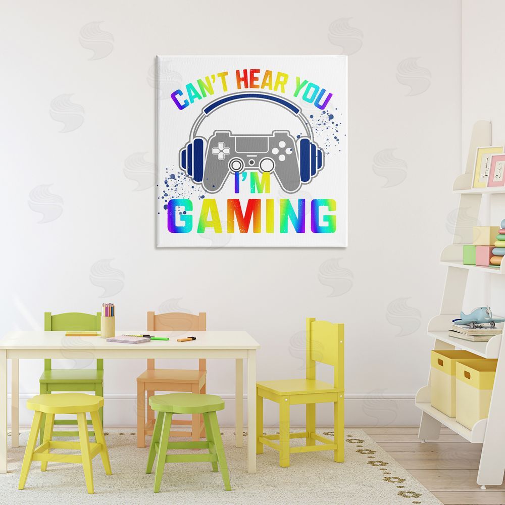 Kim Allen Rainbow Can't Hear You Gaming Stretched Canvas Wall Art Print in Room