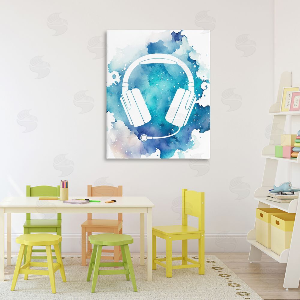 Marcus Prime Blue Headphone Splatter Stretched Canvas Wall Art Print in Room
