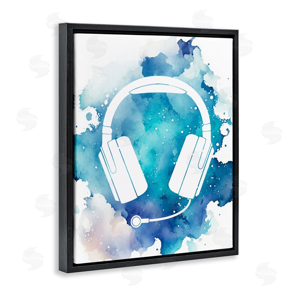 Marcus Prime Blue Headphone Splatter Black Floating Frame Canvas Wall Art Print