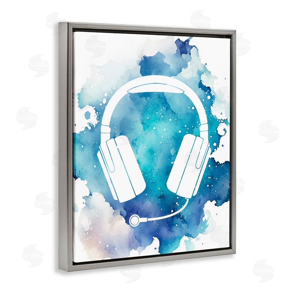 Marcus Prime Blue Headphone Splatter Gray Floating Frame Canvas Wall Art Print