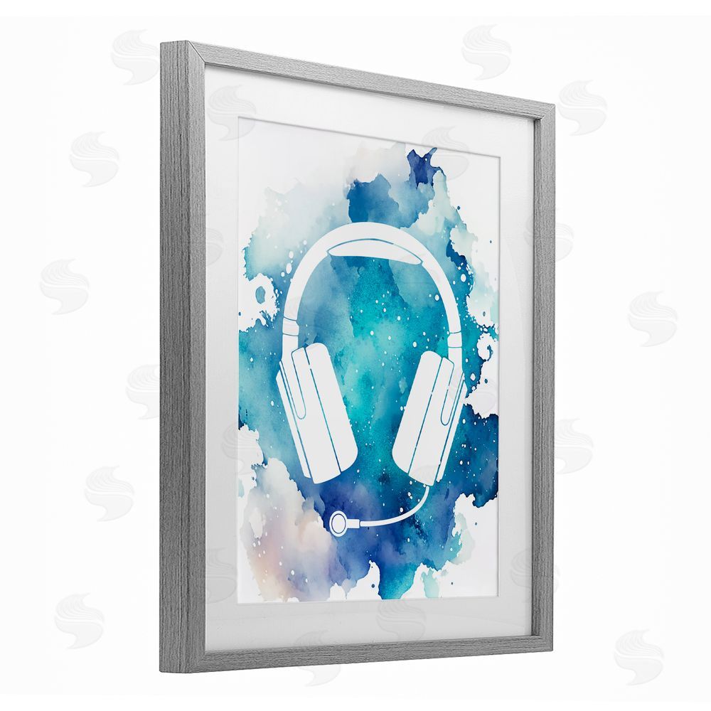 Marcus Prime Blue Headphone Splatter Gray Framed Print Under Glass Wall Art