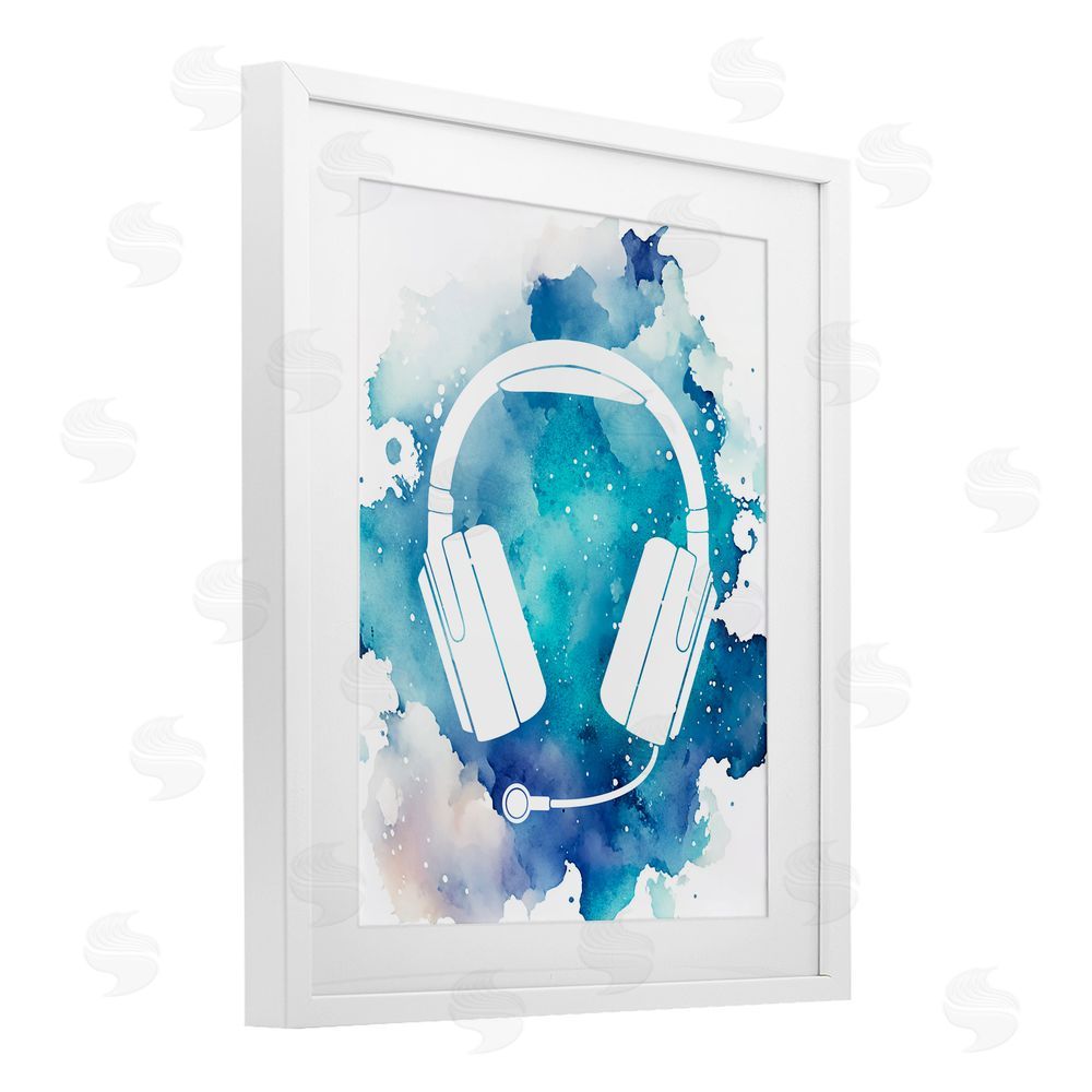 Marcus Prime Blue Headphone Splatter White Framed Print Under Glass Wall Art
