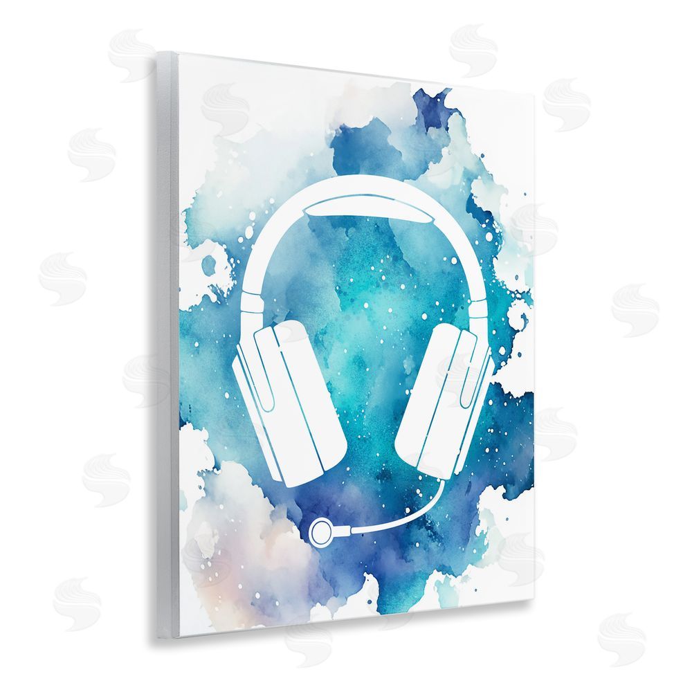 Marcus Prime Blue Headphone Splatter Wooden Wall Plaque Art Print