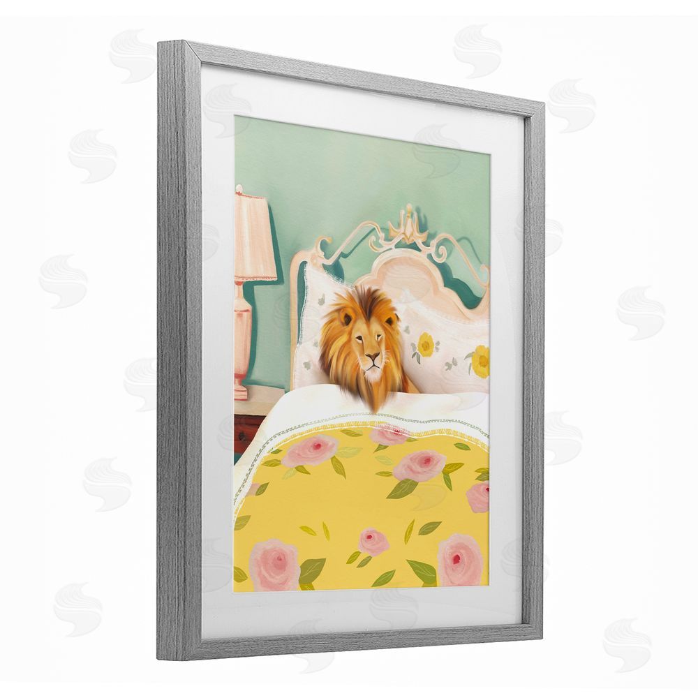 Leah Straatsma Good Morning Lion in Bed Gray Framed Print Under Glass Wall Art