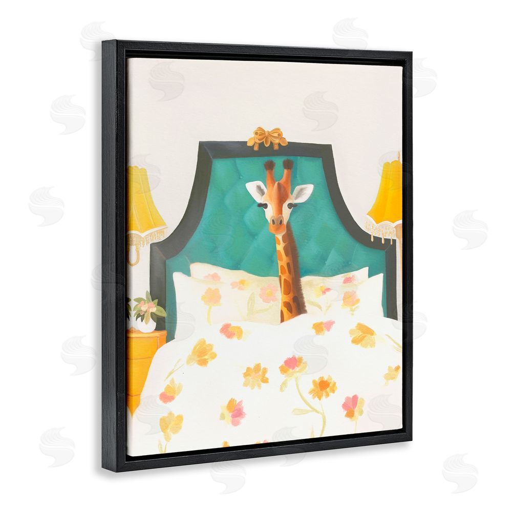 Leah Straatsma Good Morning Giraffe in Bed Black Floating Frame Canvas Wall Art Print