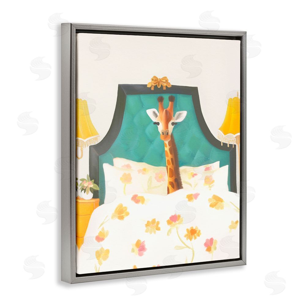 Leah Straatsma Good Morning Giraffe in Bed Gray Floating Frame Canvas Wall Art Print