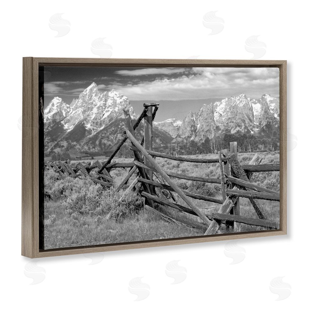 MJ Photography Grand Tetons Mountains & Fence Brown Floating Frame Canvas Wall Art Print