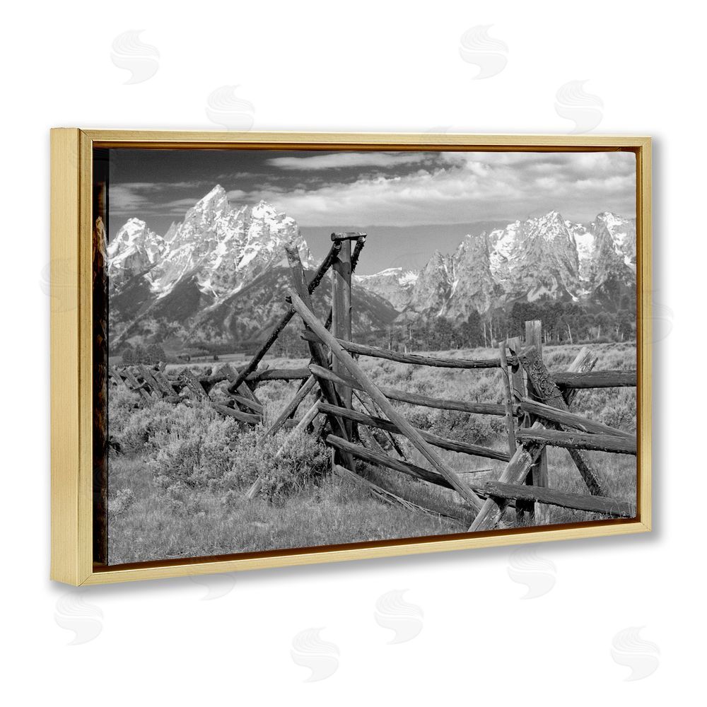 MJ Photography Grand Tetons Mountains & Fence Gold Floating Frame Canvas Wall Art Print