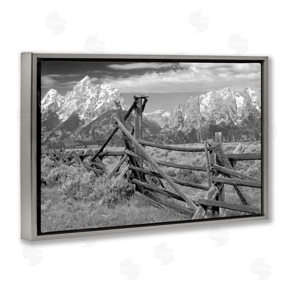 MJ Photography Grand Tetons Mountains & Fence Gray Floating Frame Canvas Wall Art Print