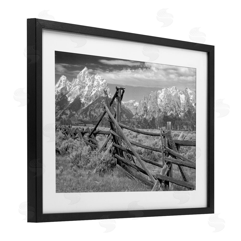 MJ Photography Grand Tetons Mountains & Fence Black Framed Print Under Glass Wall Art