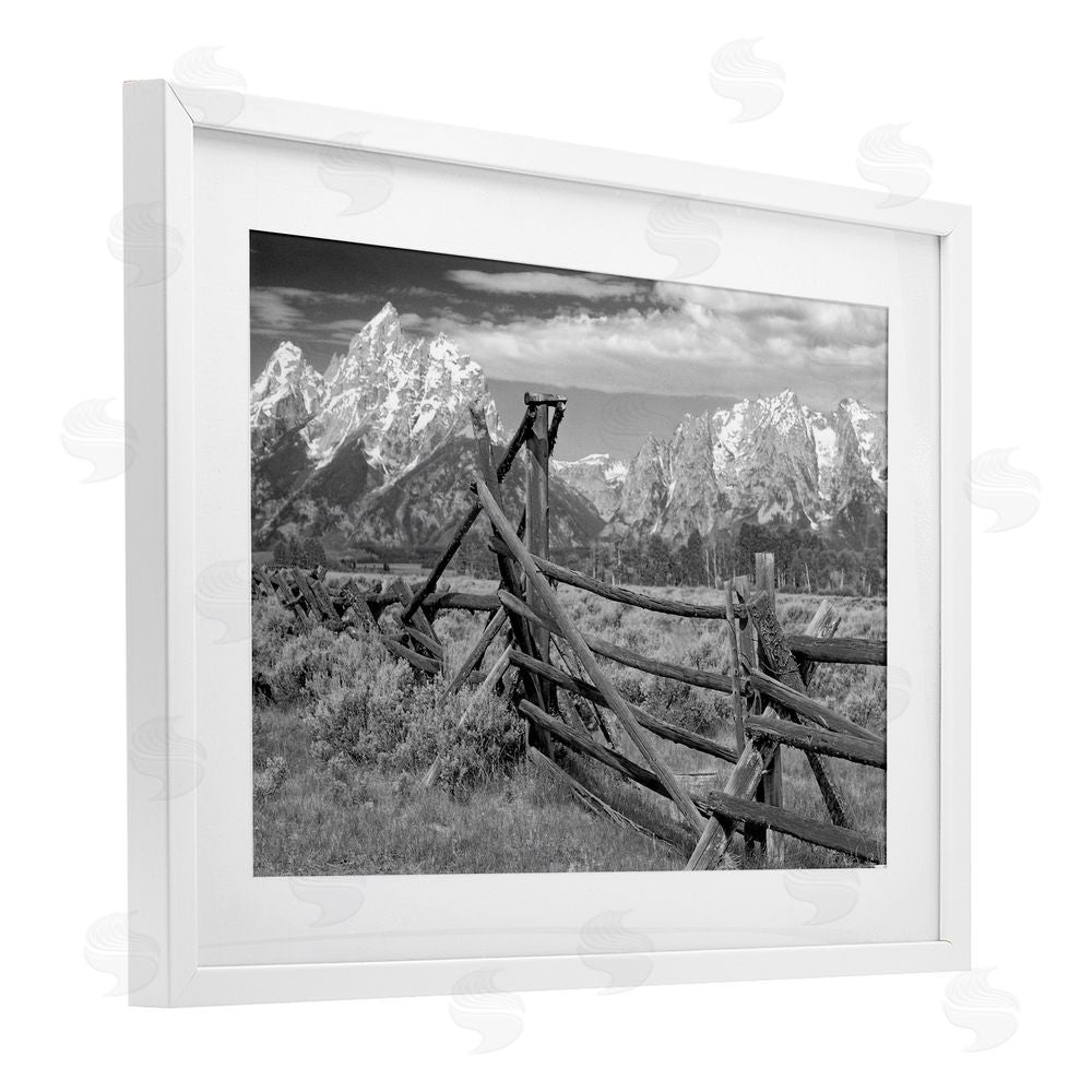 MJ Photography Grand Tetons Mountains & Fence White Framed Print Under Glass Wall Art