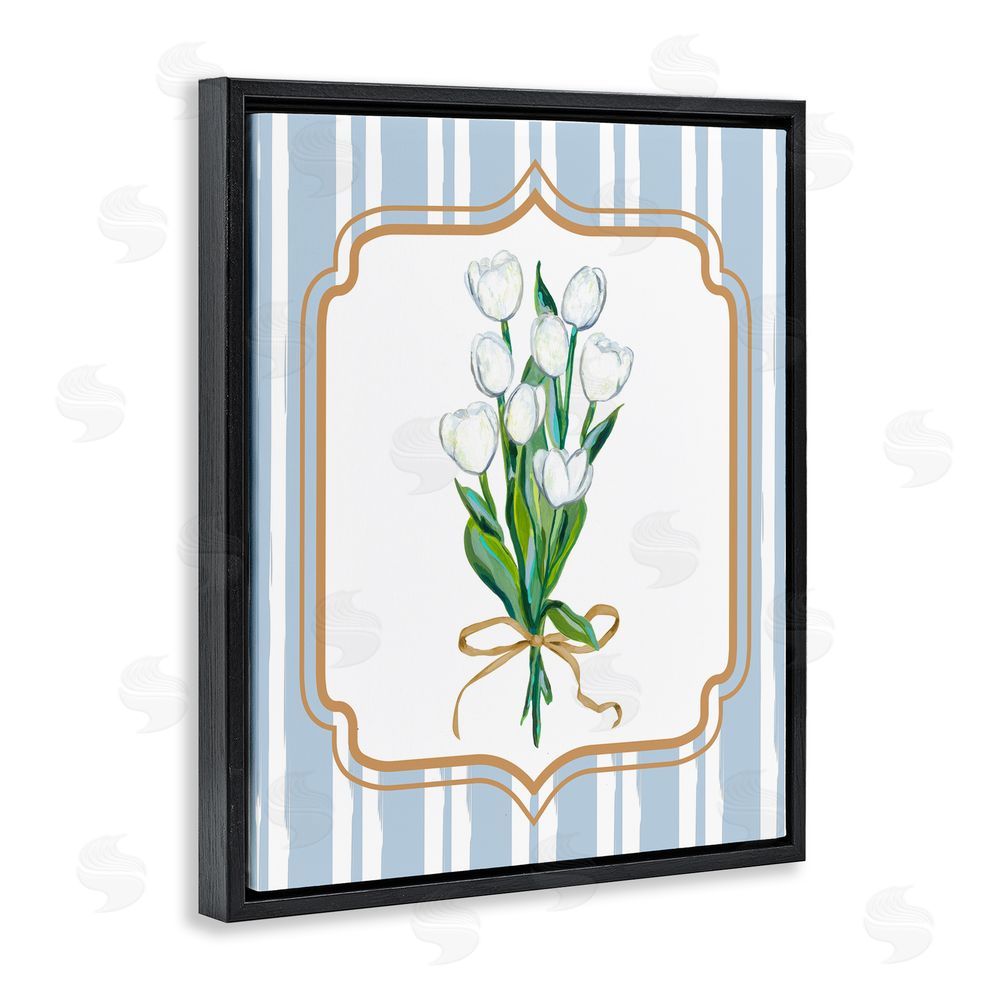 Adonna Ebrahimi White Tulip Bouquet & Stripes Black Floating Frame Canvas Wall Art Print