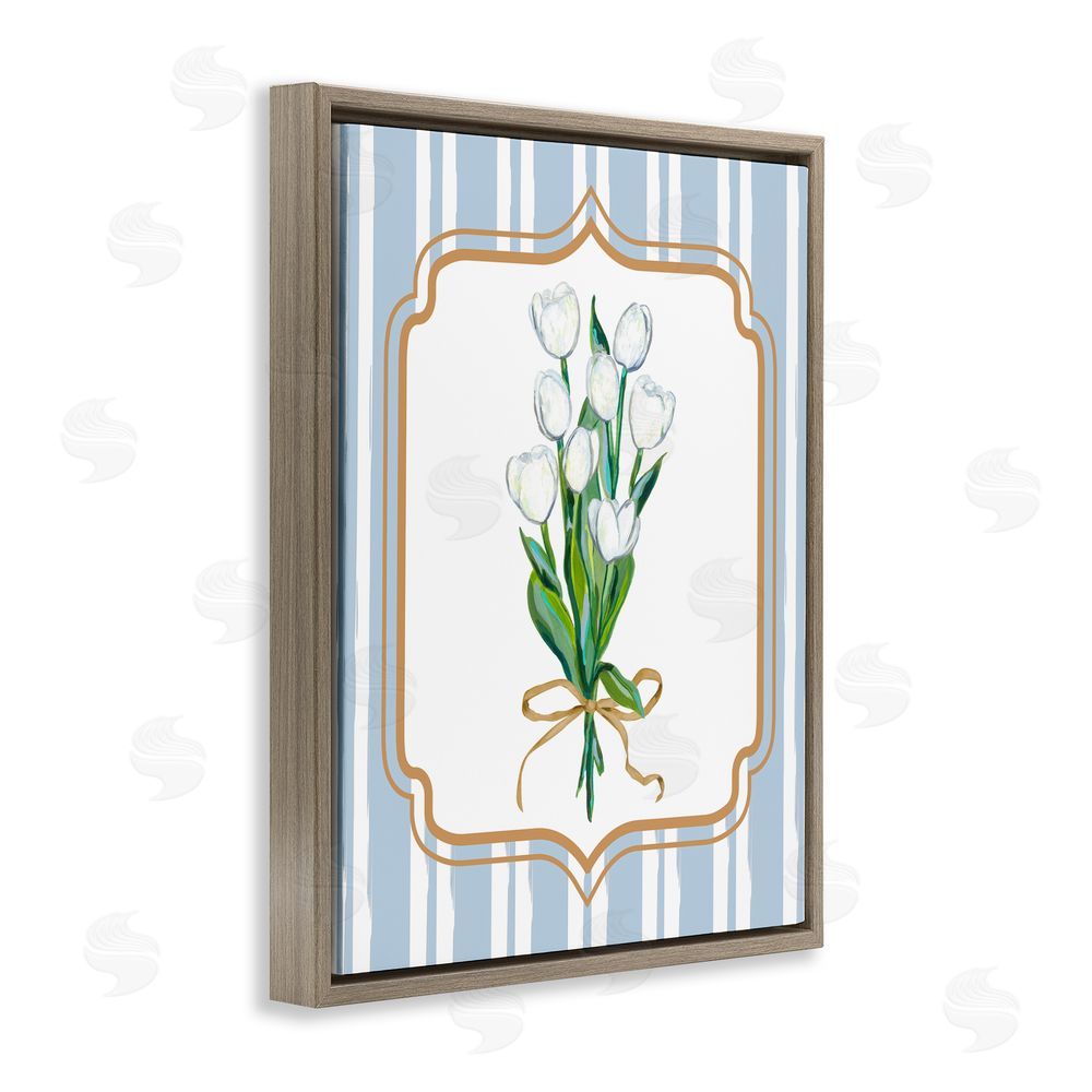 Adonna Ebrahimi White Tulip Bouquet & Stripes Brown Floating Frame Canvas Wall Art Print