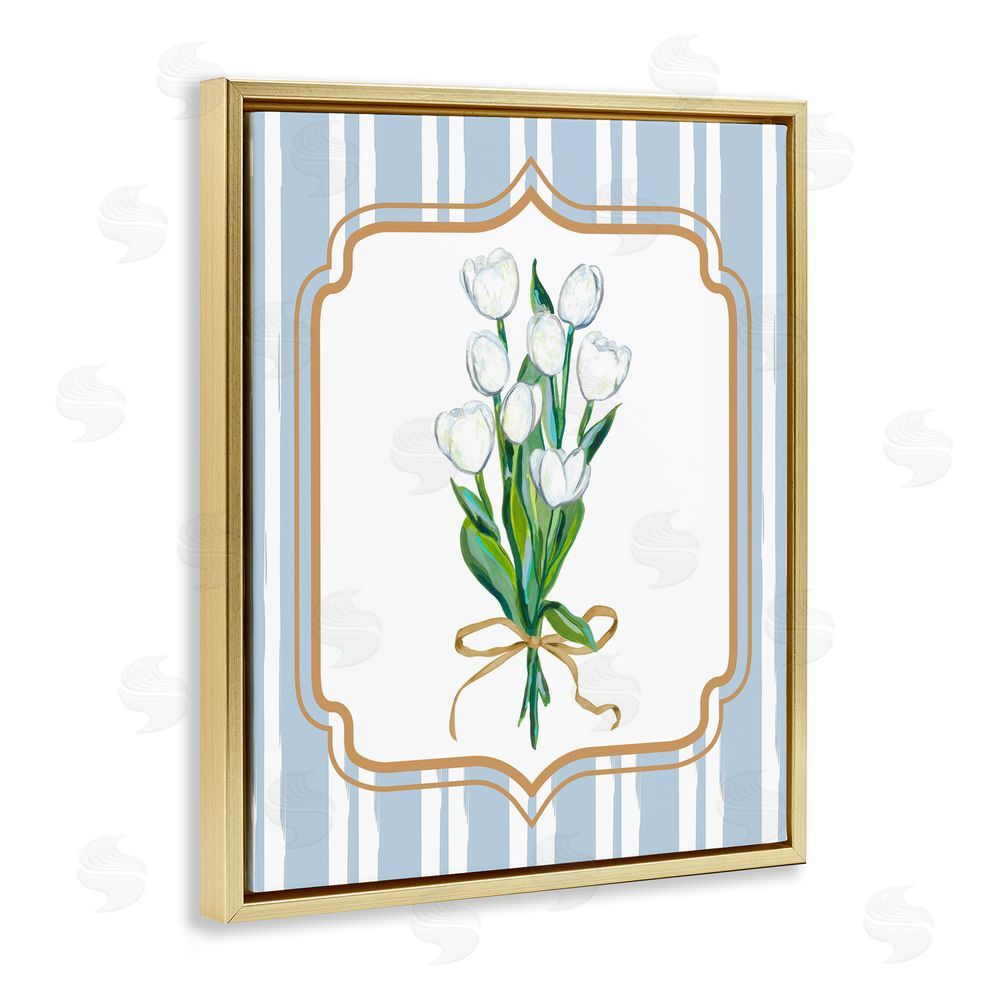 Adonna Ebrahimi White Tulip Bouquet & Stripes Gold Floating Frame Canvas Wall Art Print