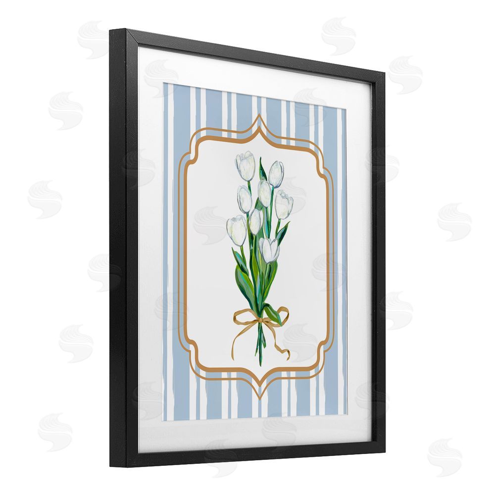 Adonna Ebrahimi White Tulip Bouquet & Stripes Black Framed Print Under Glass Wall Art