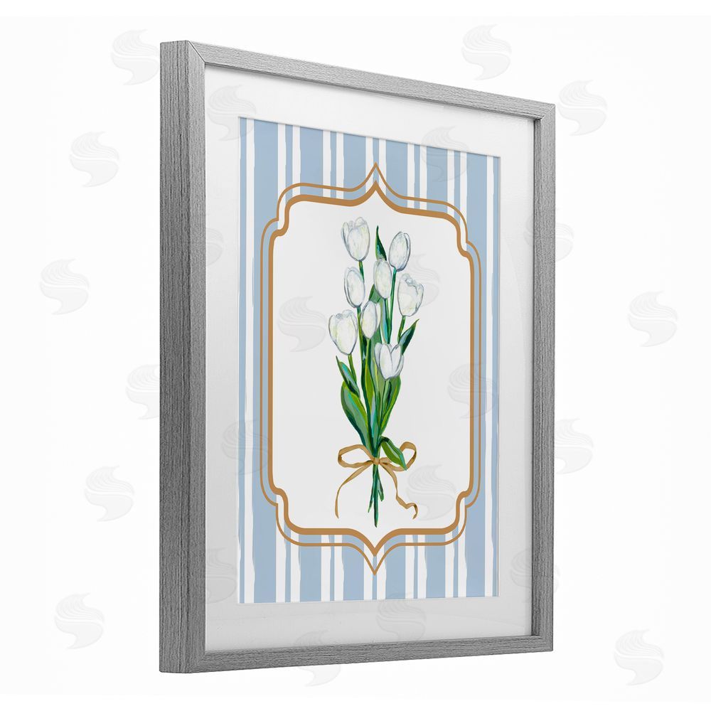 Adonna Ebrahimi White Tulip Bouquet & Stripes Gray Framed Print Under Glass Wall Art