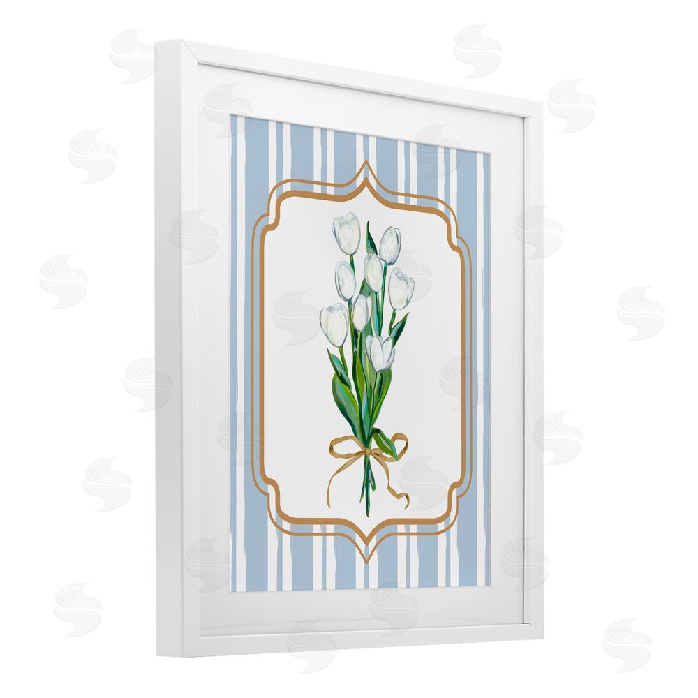 Adonna Ebrahimi White Tulip Bouquet & Stripes White Framed Print Under Glass Wall Art