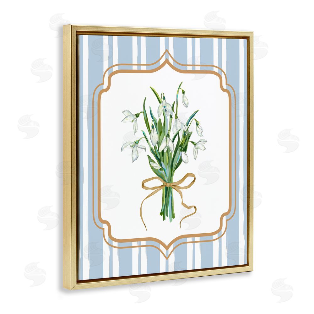 Adonna Ebrahimi White Flower Bundle on Stripes Gold Floating Frame Canvas Wall Art Print