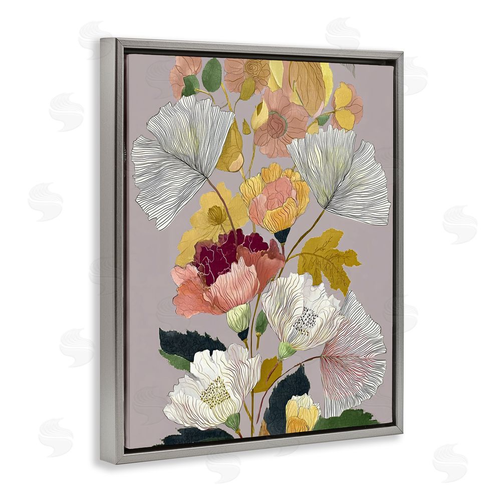 Annabelle Hall Detailed Foliage Leaves Gray Floating Frame Canvas Wall Art Print