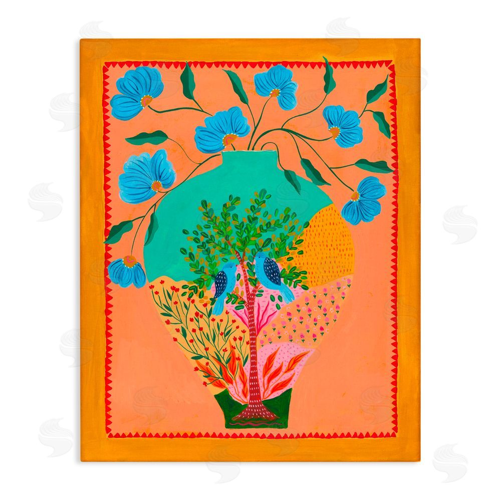 Nabeela Rumi Bluebirds & Boho Flower Vase Stretched Canvas Wall Art Print