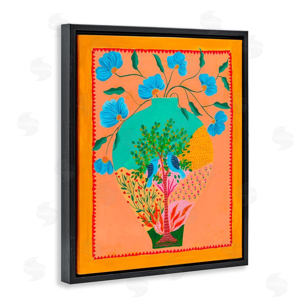 Nabeela Rumi Bluebirds & Boho Flower Vase Black Floating Frame Canvas Wall Art Print