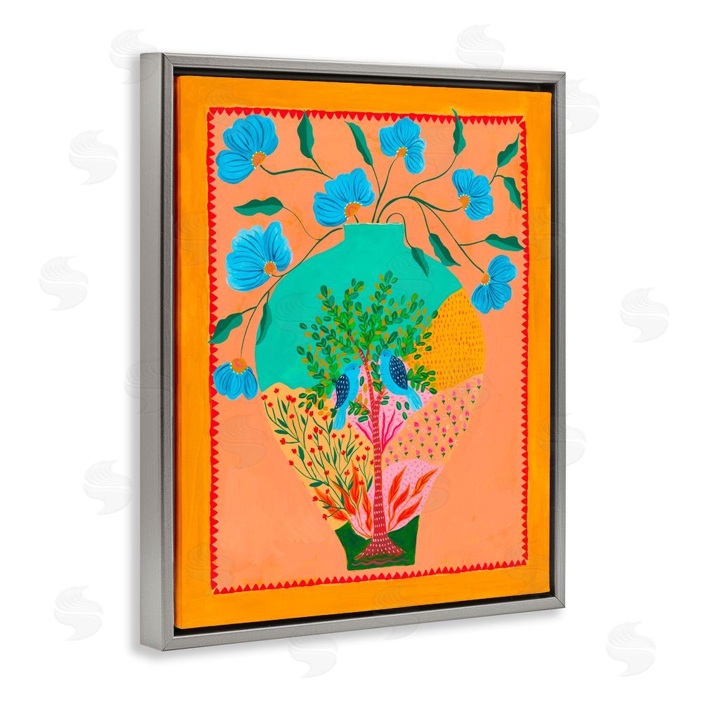 Nabeela Rumi Bluebirds & Boho Flower Vase Gray Floating Frame Canvas Wall Art Print