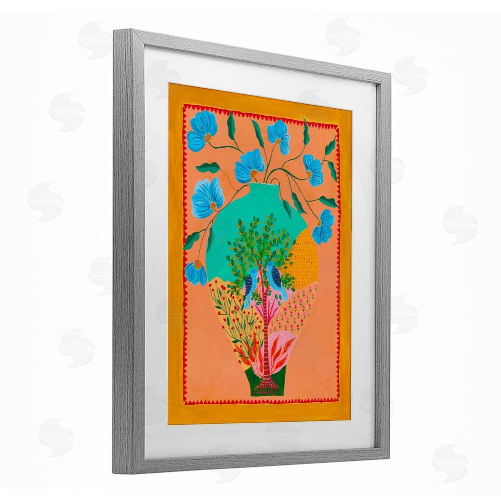 Nabeela Rumi Bluebirds & Boho Flower Vase Gray Framed Print Under Glass Wall Art
