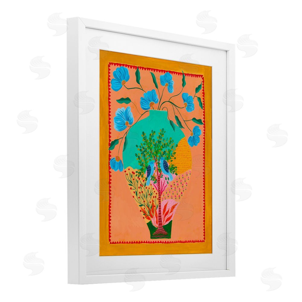 Nabeela Rumi Bluebirds & Boho Flower Vase White Framed Print Under Glass Wall Art