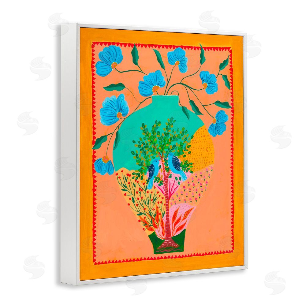 Nabeela Rumi Bluebirds & Boho Flower Vase White Framed Giclee Print Wall Art