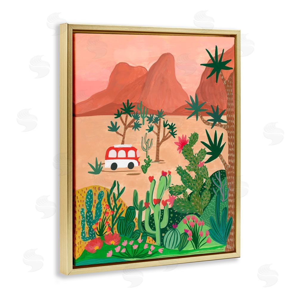 Nabeela Rumi Desert Camper & Cacti Gold Floating Frame Canvas Wall Art Print