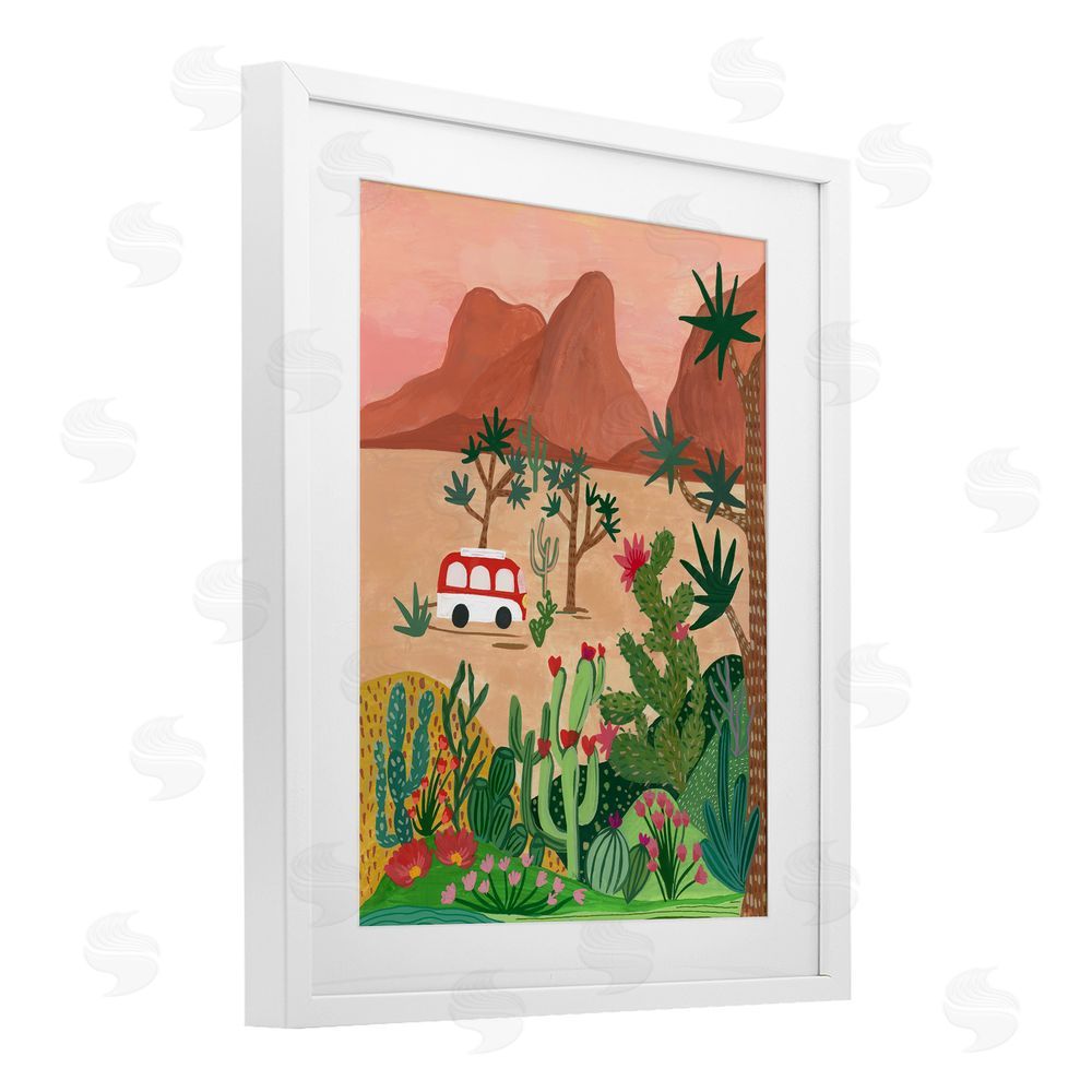 Nabeela Rumi Desert Camper & Cacti White Framed Print Under Glass Wall Art