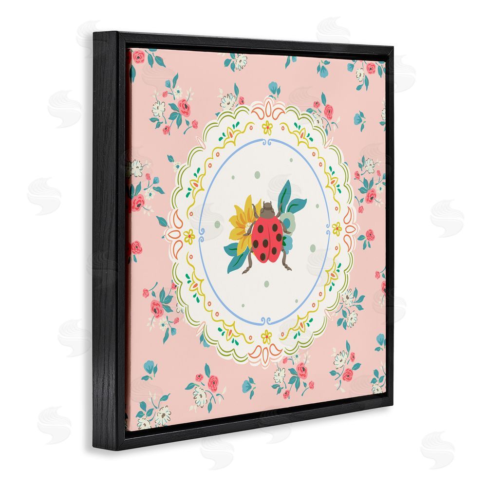Angela Steahling Spring Lady Bug Lace Pattern Black Floating Frame Canvas Wall Art Print