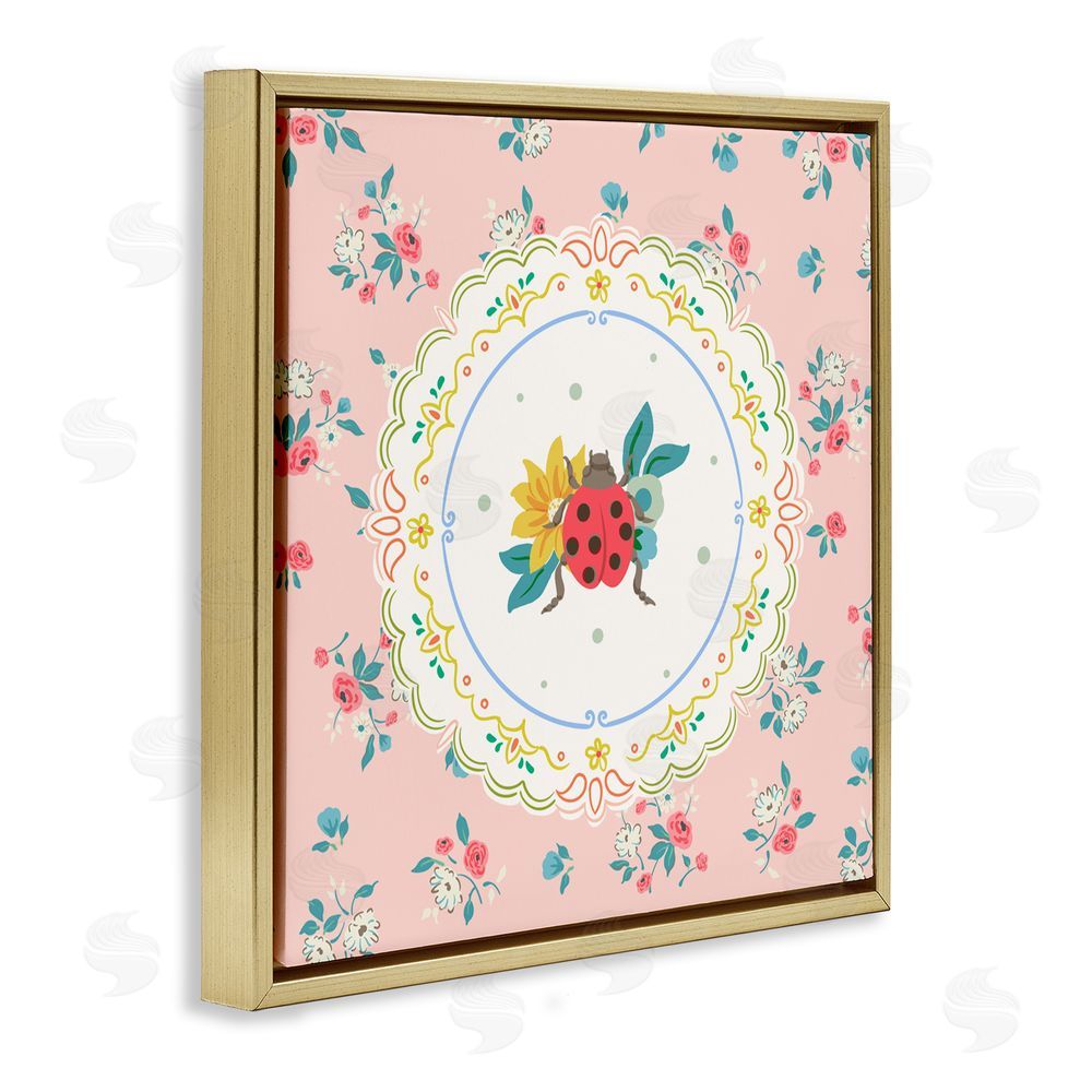 Angela Steahling Spring Lady Bug Lace Pattern Gold Floating Frame Canvas Wall Art Print