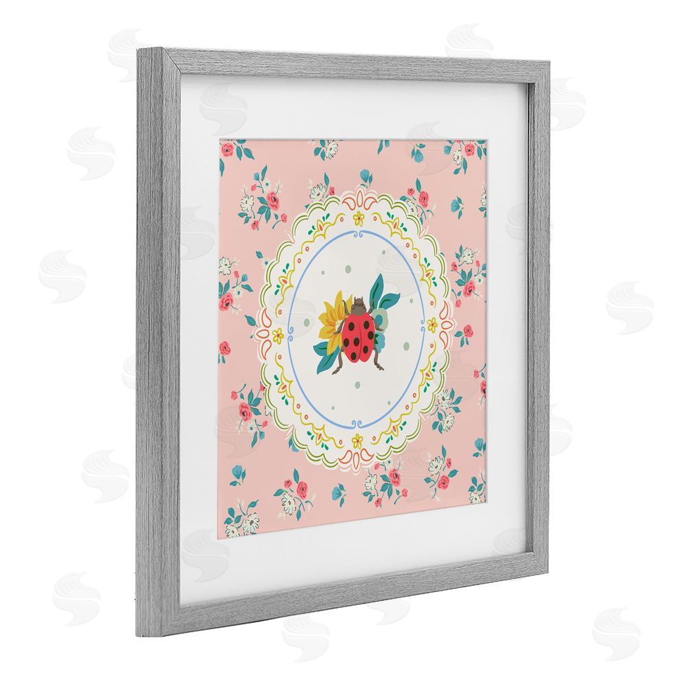 Angela Steahling Spring Lady Bug Lace Pattern Gray Framed Print Under Glass Wall Art