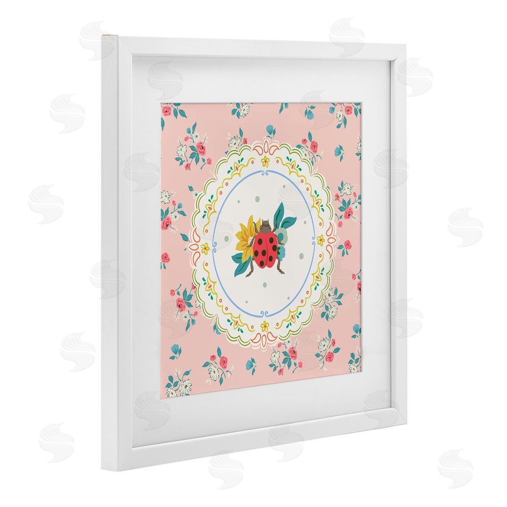 Angela Steahling Spring Lady Bug Lace Pattern White Framed Print Under Glass Wall Art