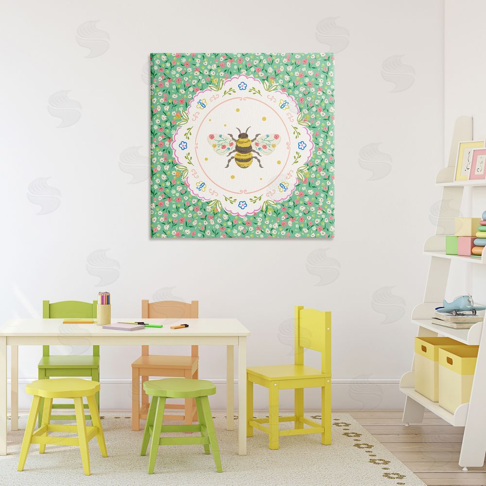 Angela Steahling Spring Bee Delicate Florals Stretched Canvas Wall Art Print in Room