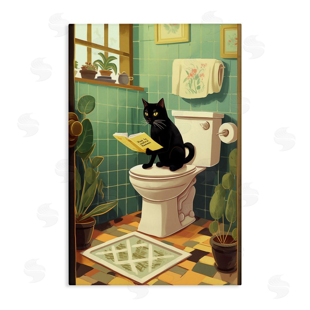 Andreas Magnusson Cat Reading On Toilet Stretched Canvas Wall Art Print