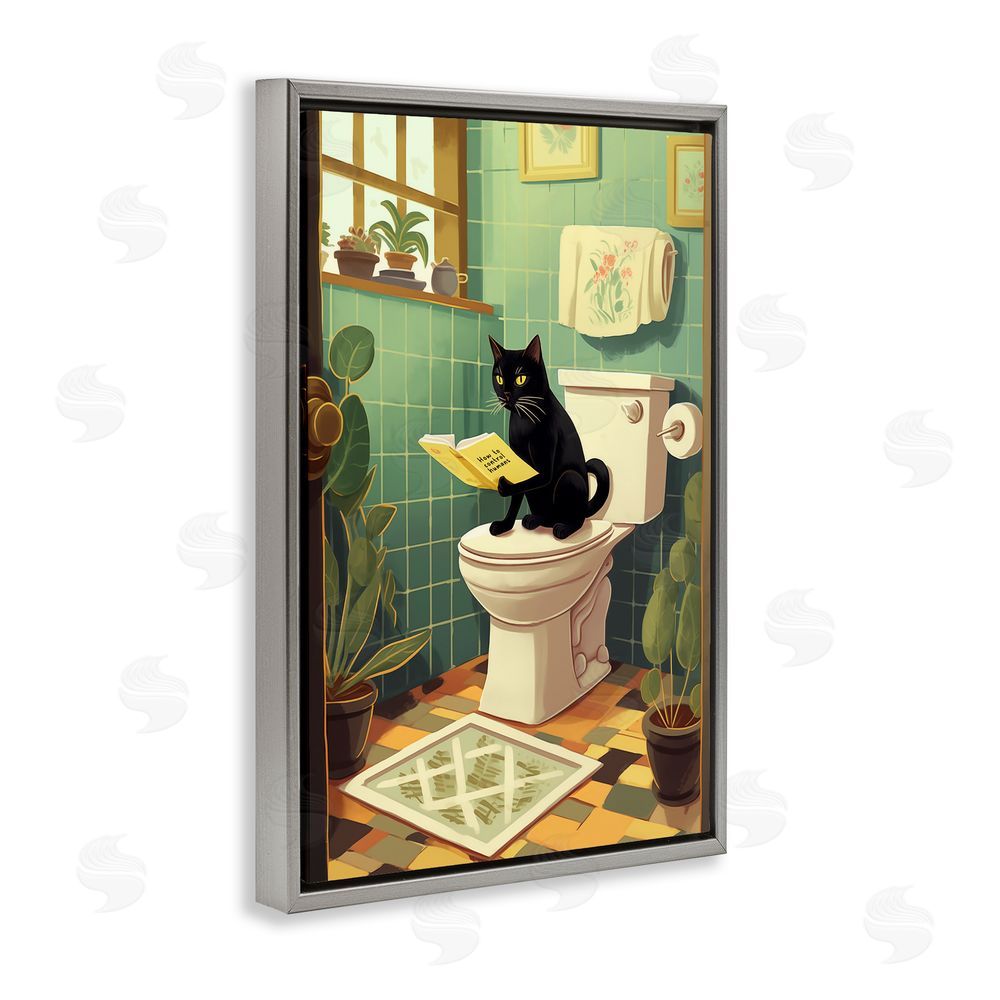 Andreas Magnusson Cat Reading On Toilet Gray Floating Frame Canvas Wall Art Print