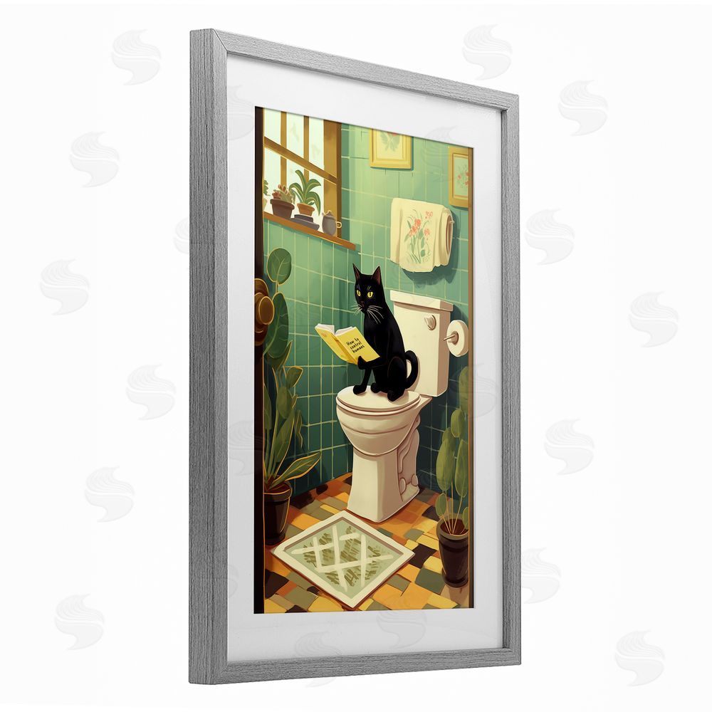 Andreas Magnusson Cat Reading On Toilet Gray Framed Print Under Glass Wall Art
