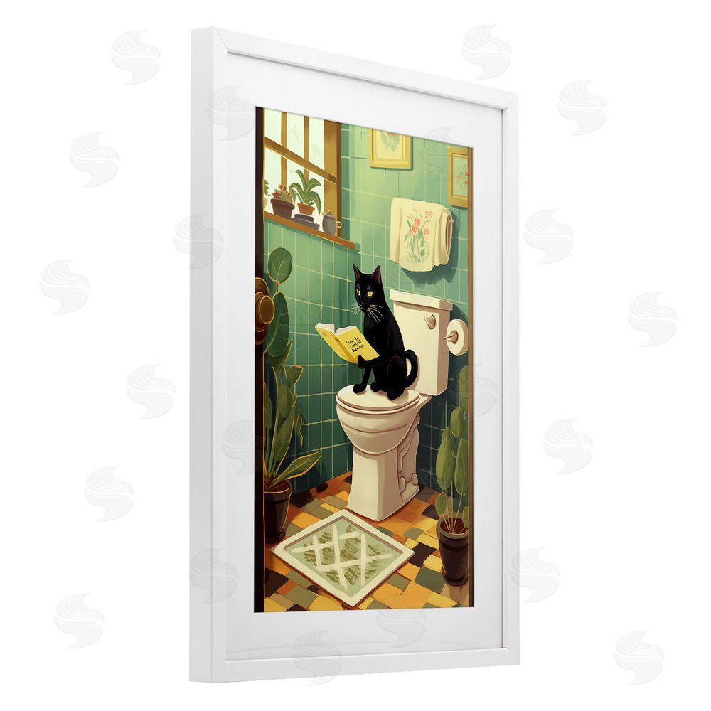 Andreas Magnusson Cat Reading On Toilet White Framed Print Under Glass Wall Art