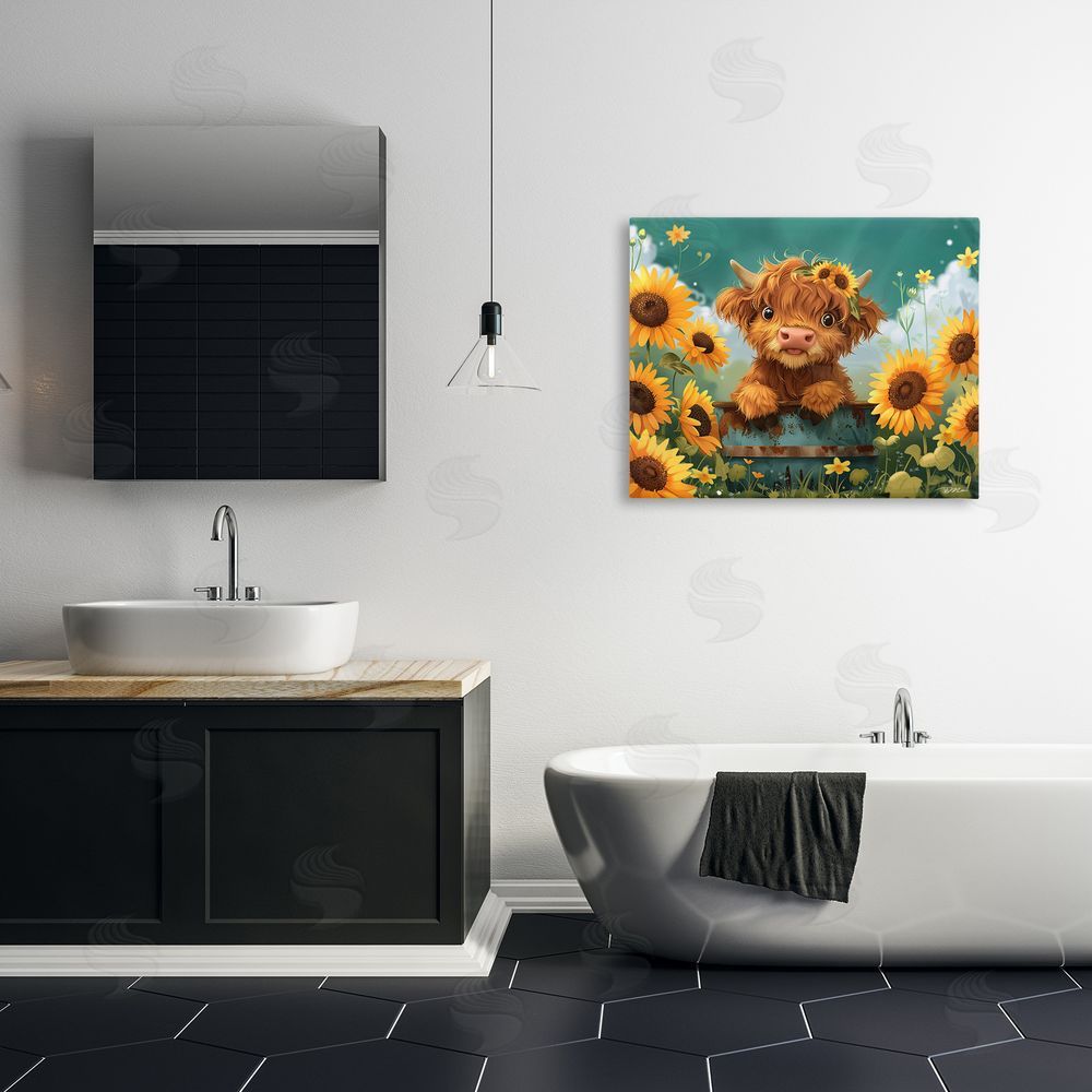 Momart Cute Happy Highland Cow Stretched Canvas Wall Art Print in Room