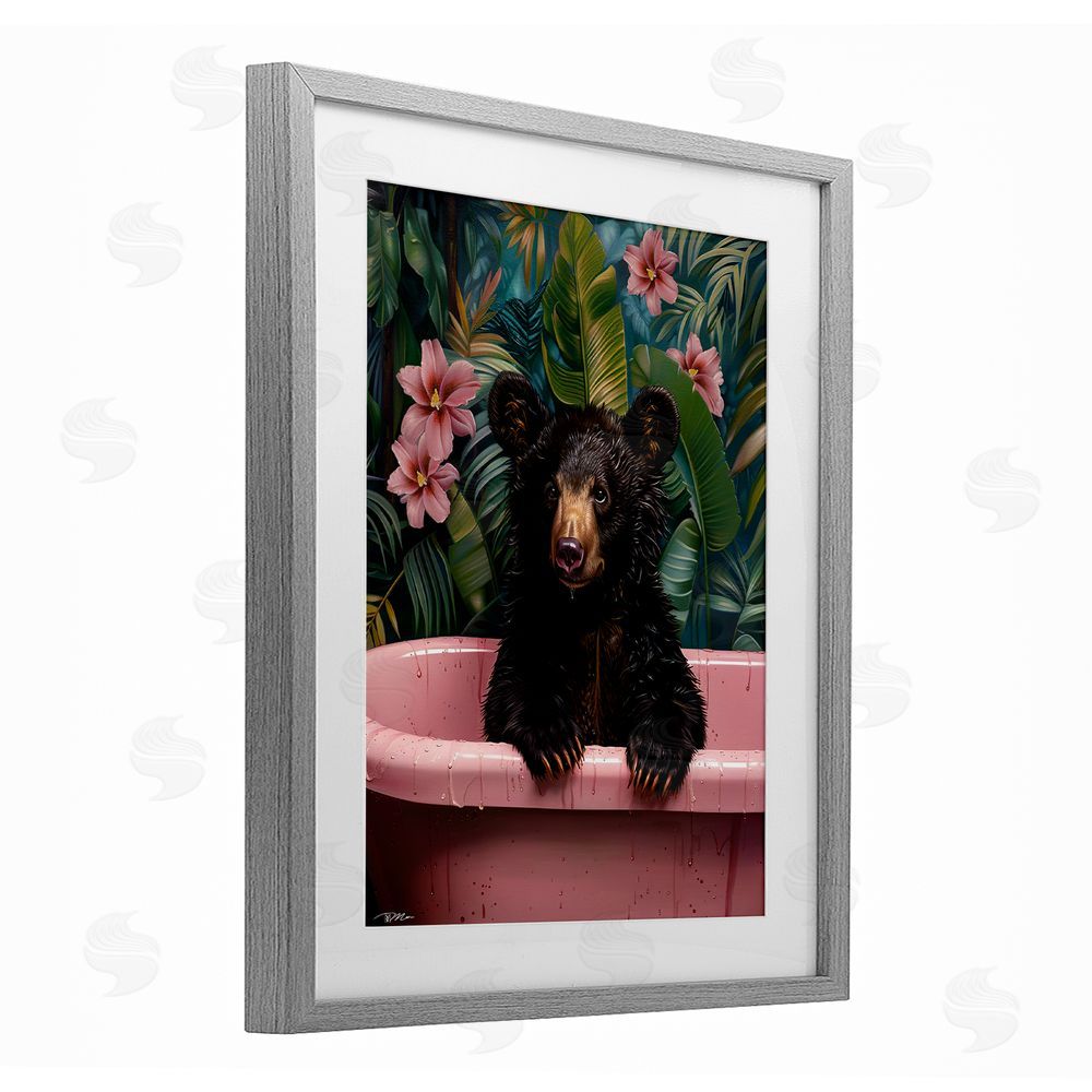 Momart Bruno Bear in Pink Tub Gray Framed Print Under Glass Wall Art