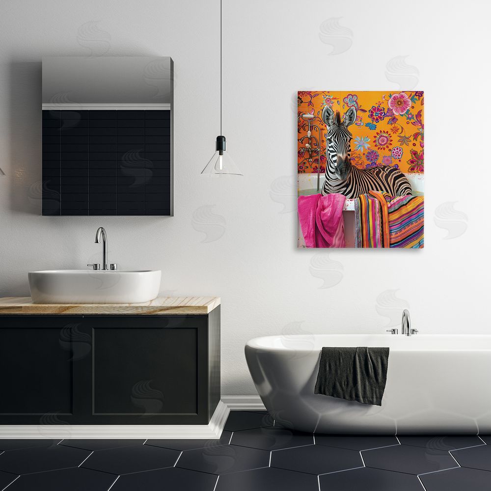 Momart Zebra Bath with Colorful Towel Stretched Canvas Wall Art Print in Room