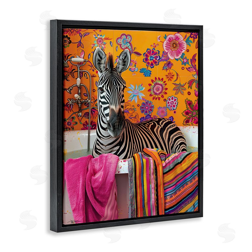 Momart Zebra Bath with Colorful Towel Black Floating Frame Canvas Wall Art Print
