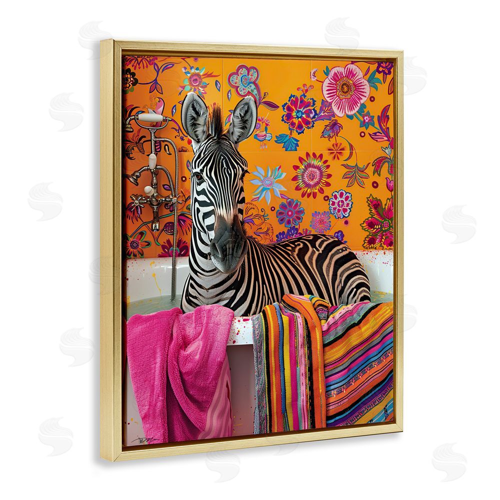 Momart Zebra Bath with Colorful Towel Gold Floating Frame Canvas Wall Art Print