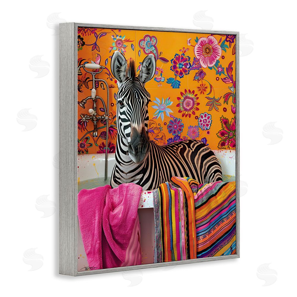 Momart Zebra Bath with Colorful Towel Gray Framed Giclee Print Wall Art
